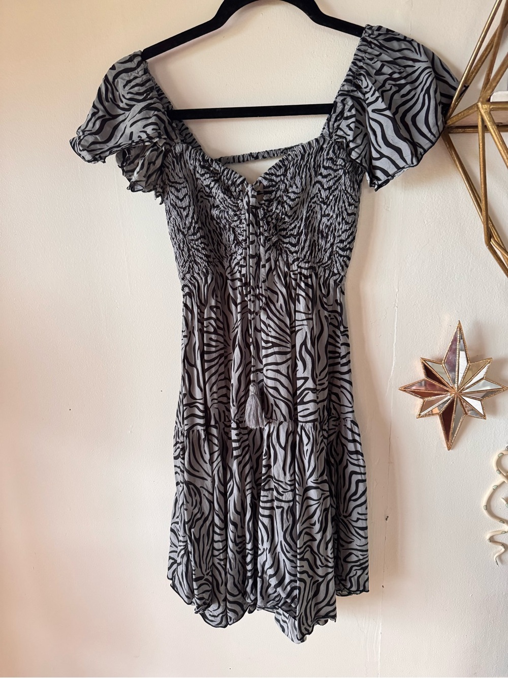 Smocked Off-Shoulder Zebra Print Mini Dress in Grey